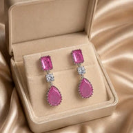 Pink CZ Silver Tone Drop Earrings Indian Pakistani Statement Jewelry