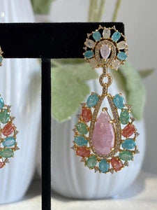 Pastel Multicolor CZ Gold Tone Teardrop Earrings Pakistani Indian Jewelry