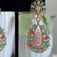 Pastel Multicolor CZ Gold Tone Teardrop Earrings Pakistani Indian Jewelry