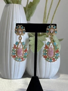 Pastel Multicolor CZ Gold Tone Teardrop Earrings Pakistani Indian Jewelry