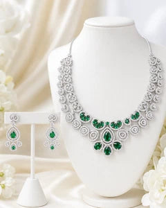 Emerald green and clear CZ-style necklace set