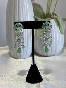 Green CZ Silver Tone Chandelier Drop Earrings Pakistani Indian Jewelry
