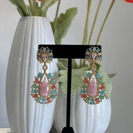 Pastel Multicolor CZ Gold Tone Teardrop Earrings Pakistani Indian Jewelry