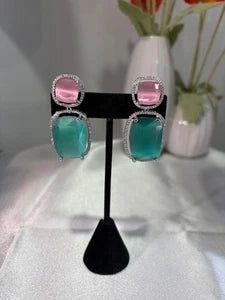 Pink Teal CZ Drop Earrings Silver Tone Statement Fashion Jewelry