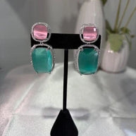 Pink Teal CZ Drop Earrings Silver Tone Statement Fashion Jewelry
