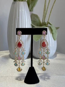 Multicolor CZ Gold Tone Chandelier Earrings Pakistani Indian Bridal Jewelry