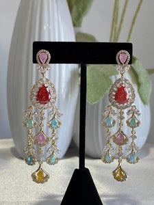 Multicolor CZ Gold Tone Chandelier Earrings Pakistani Indian Bridal Jewelry