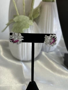 Magenta Pink & Black CZ Floral Stud Earrings Silver Tone Party Jewelry