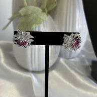 Magenta Pink & Black CZ Floral Stud Earrings Silver Tone Party Jewelry
