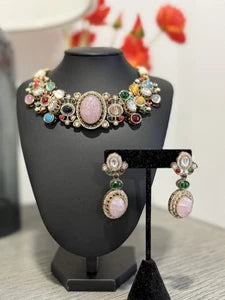 Sabyasachi Inspired Necklace Earrings Set | Pink Stone Multicolor Gem Bridal Jew