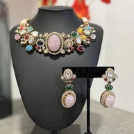 Sabyasachi Inspired Necklace Earrings Set | Pink Stone Multicolor Gem Bridal Jew