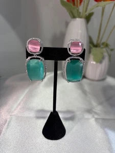 Pink Teal CZ Drop Earrings Silver Tone Statement Fashion Jewelry