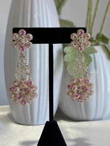 Pink Floral CZ Gold Tone Chandelier Earrings Pakistani Indian Bridal Jewelry