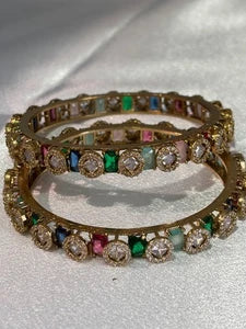 Multicolor CZ Gold Tone Bangle Set Size 2.10 Pakistani Indian Bridal Party Jewel