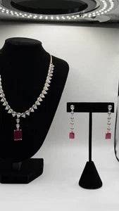 Ruby Red CZ Necklace Set with Matching Drop Earrings | Elegant Bridal Jewelry |