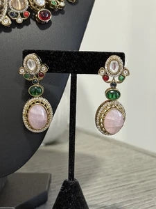 Sabyasachi Inspired Necklace Earrings Set | Pink Stone Multicolor Gem Bridal Jew