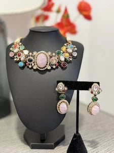 Sabyasachi Inspired Necklace Earrings Set | Pink Stone Multicolor Gem Bridal Jew
