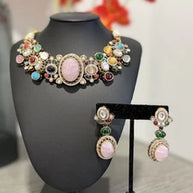 Sabyasachi Inspired Necklace Earrings Set | Pink Stone Multicolor Gem Bridal Jew