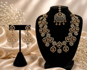 Elegant Champagne Gold Jewelry Set with Matching Earrings & Tikka