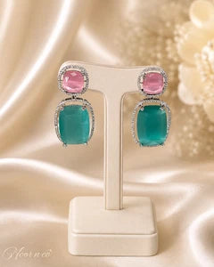 Pink Teal CZ Drop Earrings Silver Tone Statement Fashion Jewelry