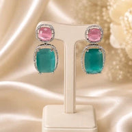Pink Teal CZ Drop Earrings Silver Tone Statement Fashion Jewelry