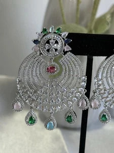 Multicolor CZ Chandbali Earrings Silver Tone Pakistani Indian Jewelry