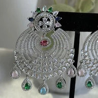 Multicolor CZ Chandbali Earrings Silver Tone Pakistani Indian Jewelry