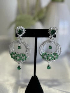 Emerald Green CZ Chandbali Earrings Silver Tone Pakistani Jewelry