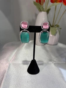 Pink Teal CZ Drop Earrings Silver Tone Statement Fashion Jewelry