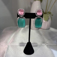 Pink Teal CZ Drop Earrings Silver Tone Statement Fashion Jewelry