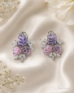 Lavender Pink Leaf CZ Stud Earrings Silver Tone Floral Statement Jewelry