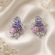 Lavender Pink Leaf CZ Stud Earrings Silver Tone Floral Statement Jewelry