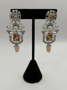 Champagne Crystal Pearl Statement Earrings – Luxury Bridal Drop Earrings