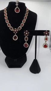 Elegant Ruby Red Jewelry Set with Matching Earrings & Tikka