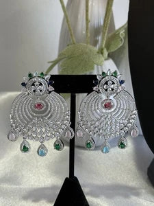 Multicolor CZ Chandbali Earrings Silver Tone Pakistani Indian Jewelry