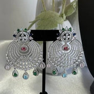 Multicolor CZ Chandbali Earrings Silver Tone Pakistani Indian Jewelry