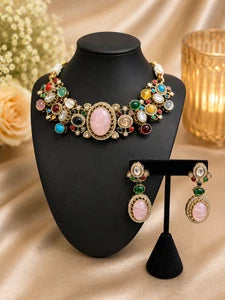 Sabyasachi Inspired Necklace Earrings Set | Pink Stone Multicolor Gem Bridal Jew