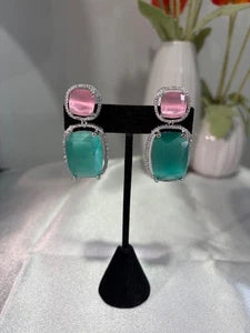 Pink Teal CZ Drop Earrings Silver Tone Statement Fashion Jewelry
