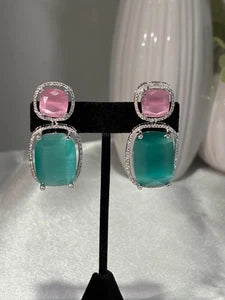 Pink Teal CZ Drop Earrings Silver Tone Statement Fashion Jewelry