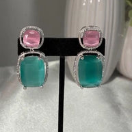 Pink Teal CZ Drop Earrings Silver Tone Statement Fashion Jewelry