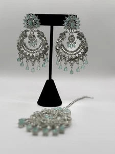 Mint Green Crystal Chandbali Earrings and Tikka