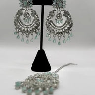Mint Green Crystal Chandbali Earrings and Tikka