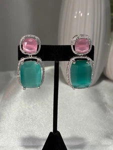 Pink Teal CZ Drop Earrings Silver Tone Statement Fashion Jewelry