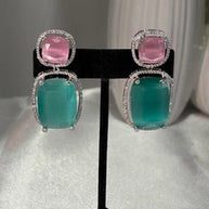Pink Teal CZ Drop Earrings Silver Tone Statement Fashion Jewelry