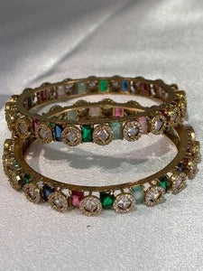 Multicolor CZ Gold Tone Bangle Set Size 2.10 Pakistani Indian Bridal Party Jewel
