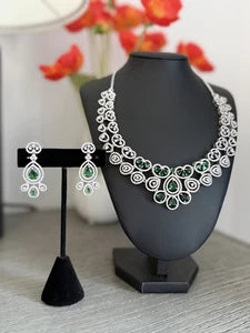 Emerald green and clear CZ-style necklace set