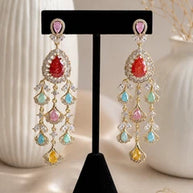 Multicolor CZ Gold Tone Chandelier Earrings Pakistani Indian Bridal Jewelry