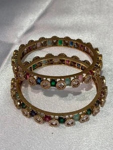 Multicolor CZ Gold Tone Bangle Set Size 2.10 Pakistani Indian Bridal Party Jewel