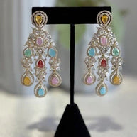 Multicolor CZ Gold Tone Chandelier Earrings Pakistani Indian Bridal Jewelry