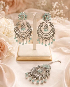 Mint Green Crystal Chandbali Earrings and Tikka